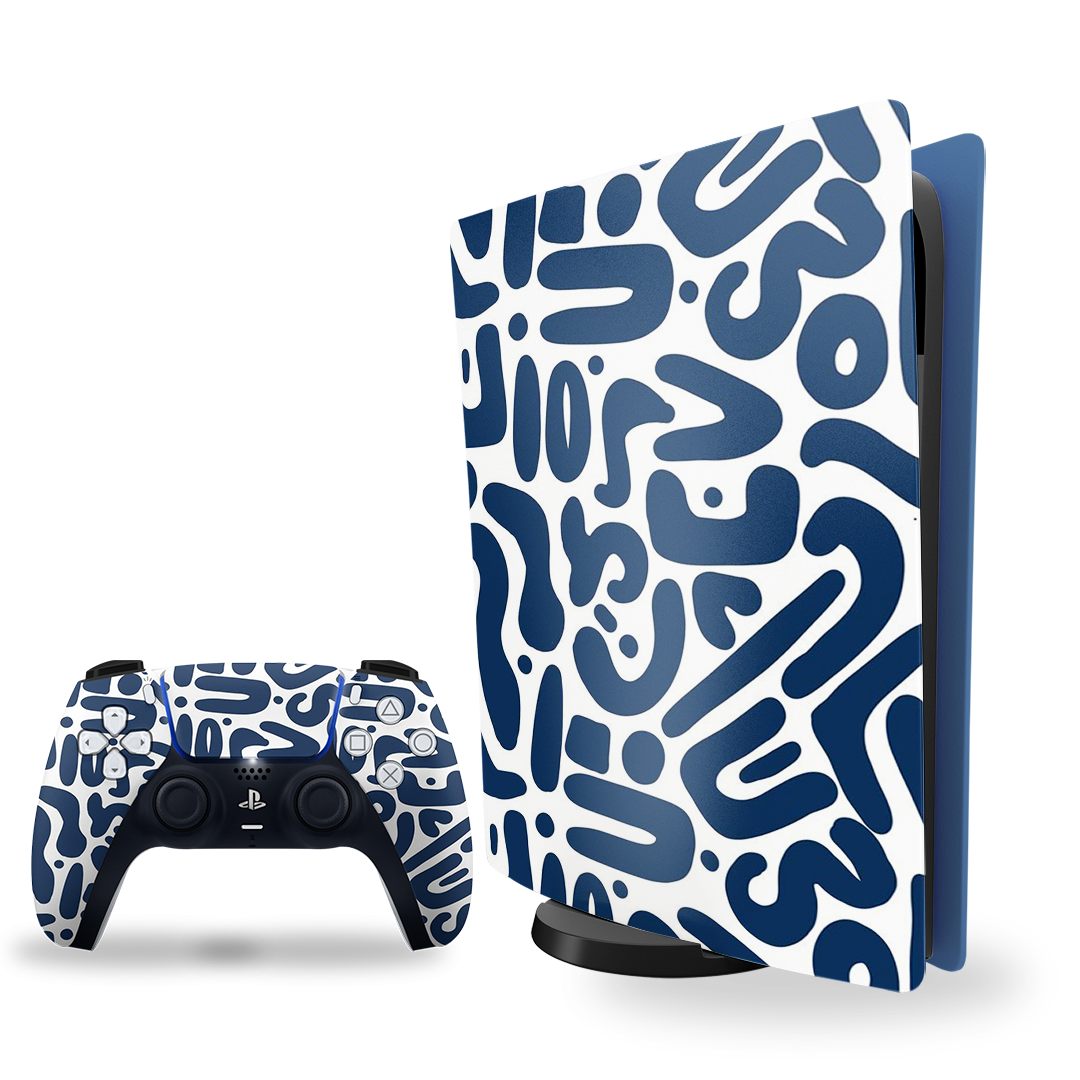 ps5 skin with blue doodles design