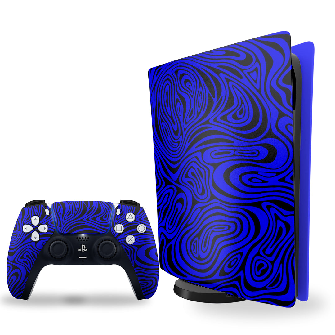 ps5 skin with neon blue spiral design
