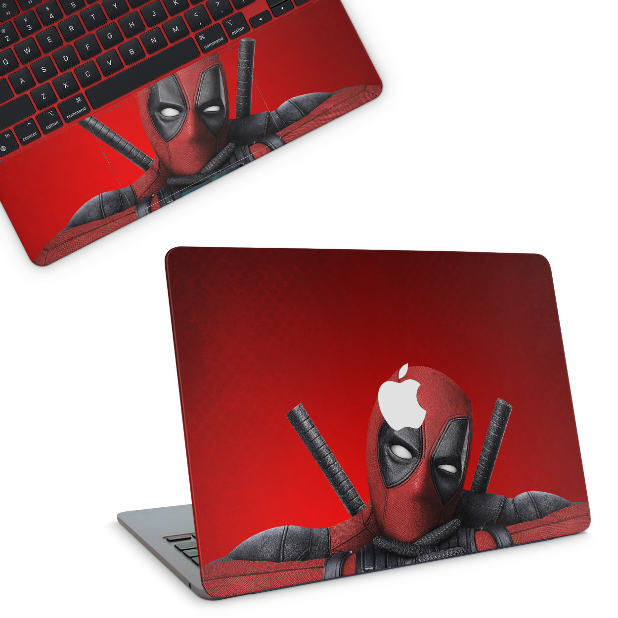 Macbook skin - Marvel Deadpool with katanas and red background