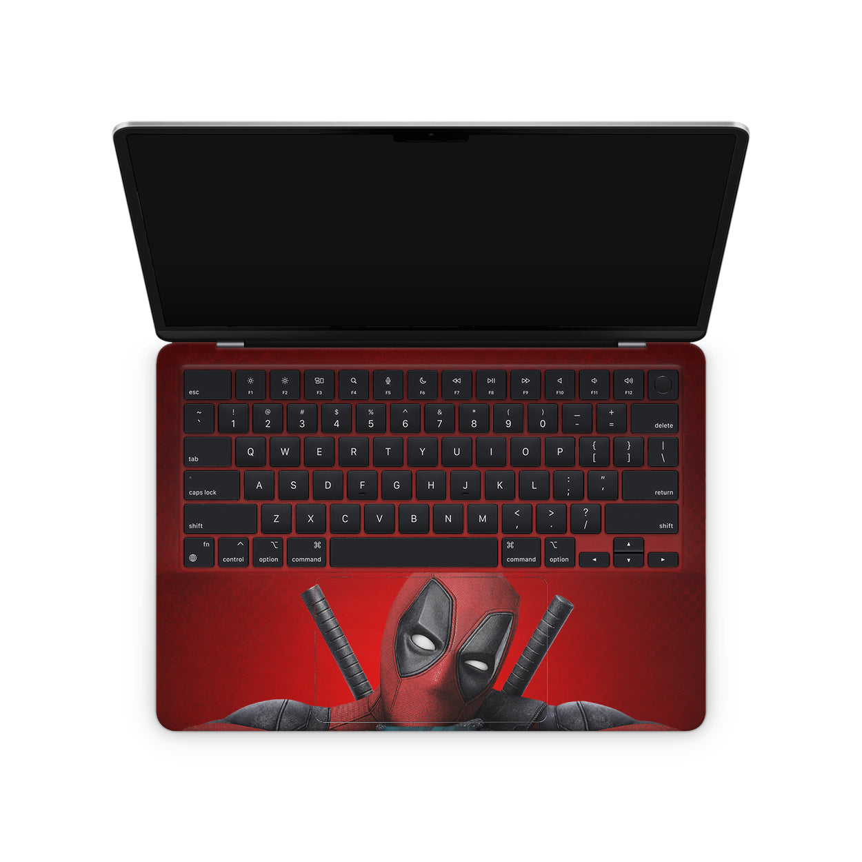 Macbook skin - Marvel Deadpool with katanas and red background inside