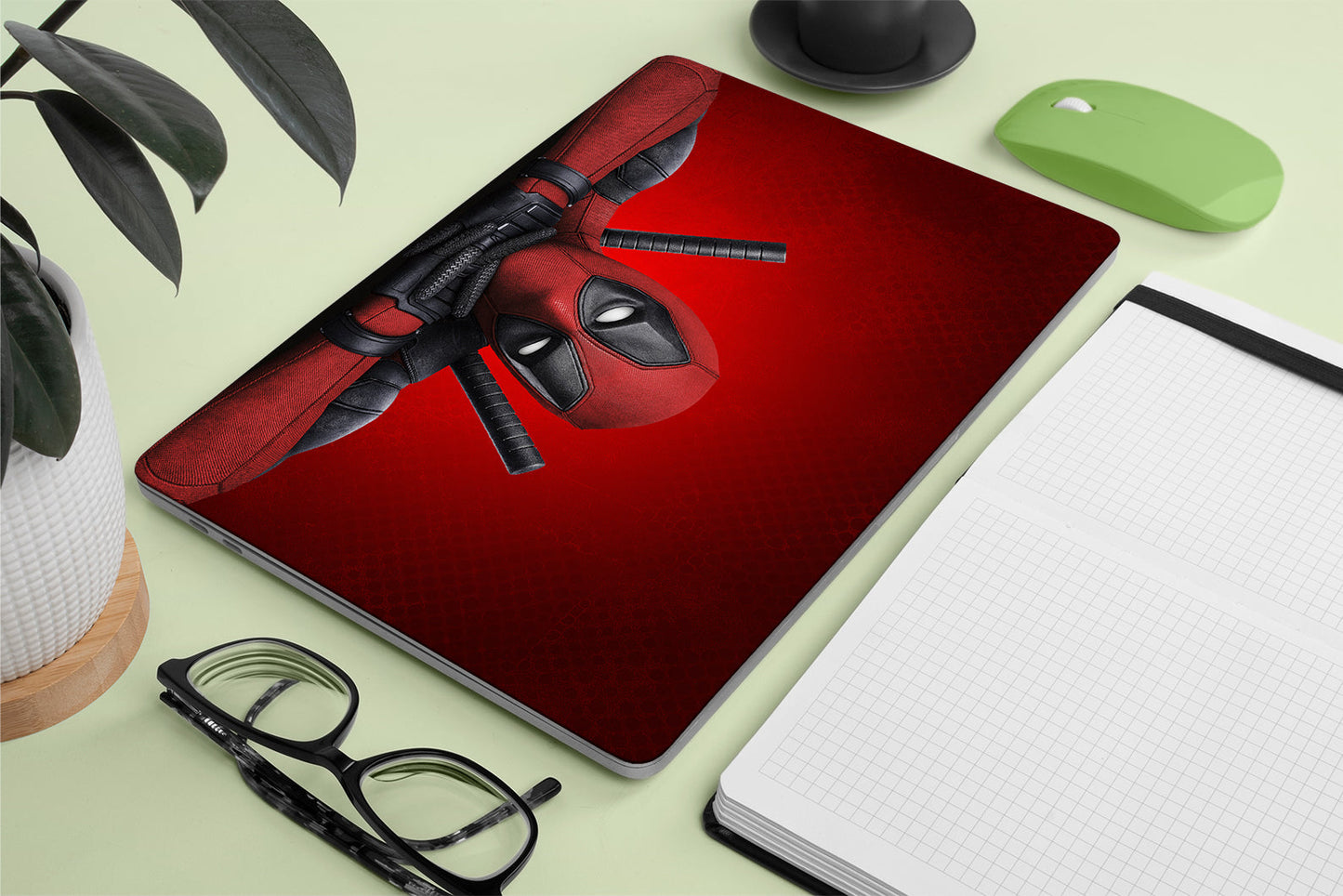 Macbook skin - Marvel Deadpool with katanas and red background electroprintz.pk