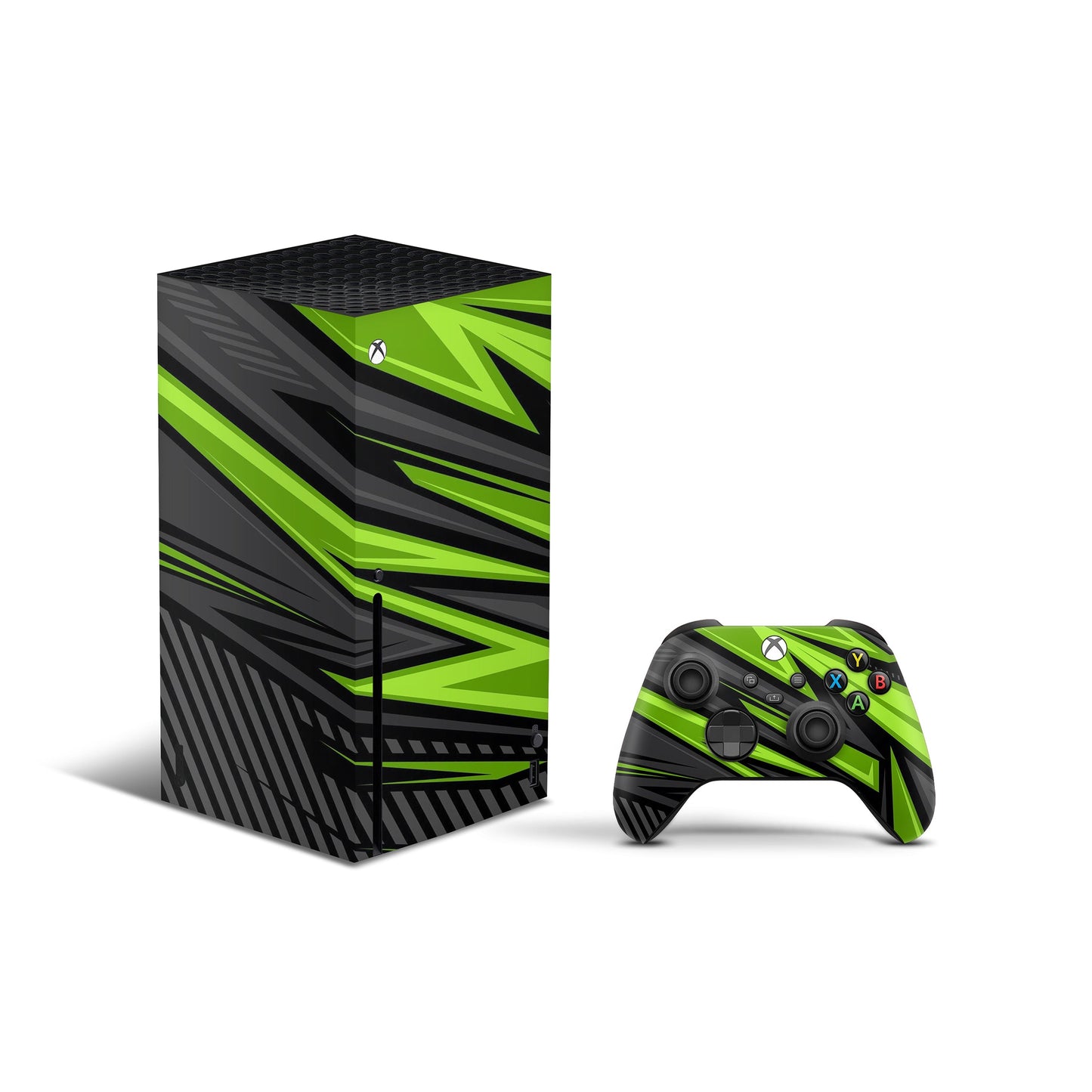 xbox series x skin with green abstract pattern design