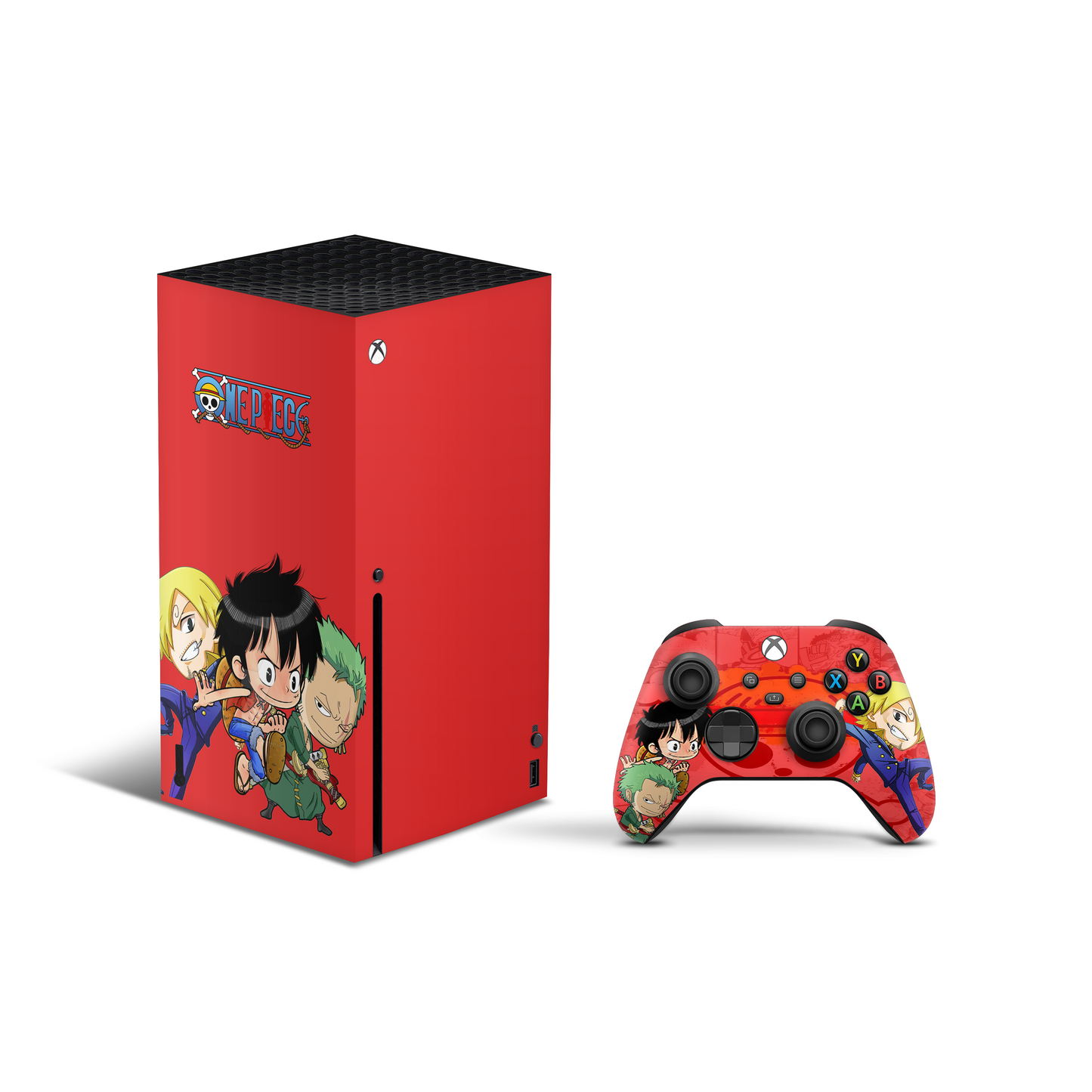 Xbox Series X Skin - One piece Chibi Luffy zoro with a red background.