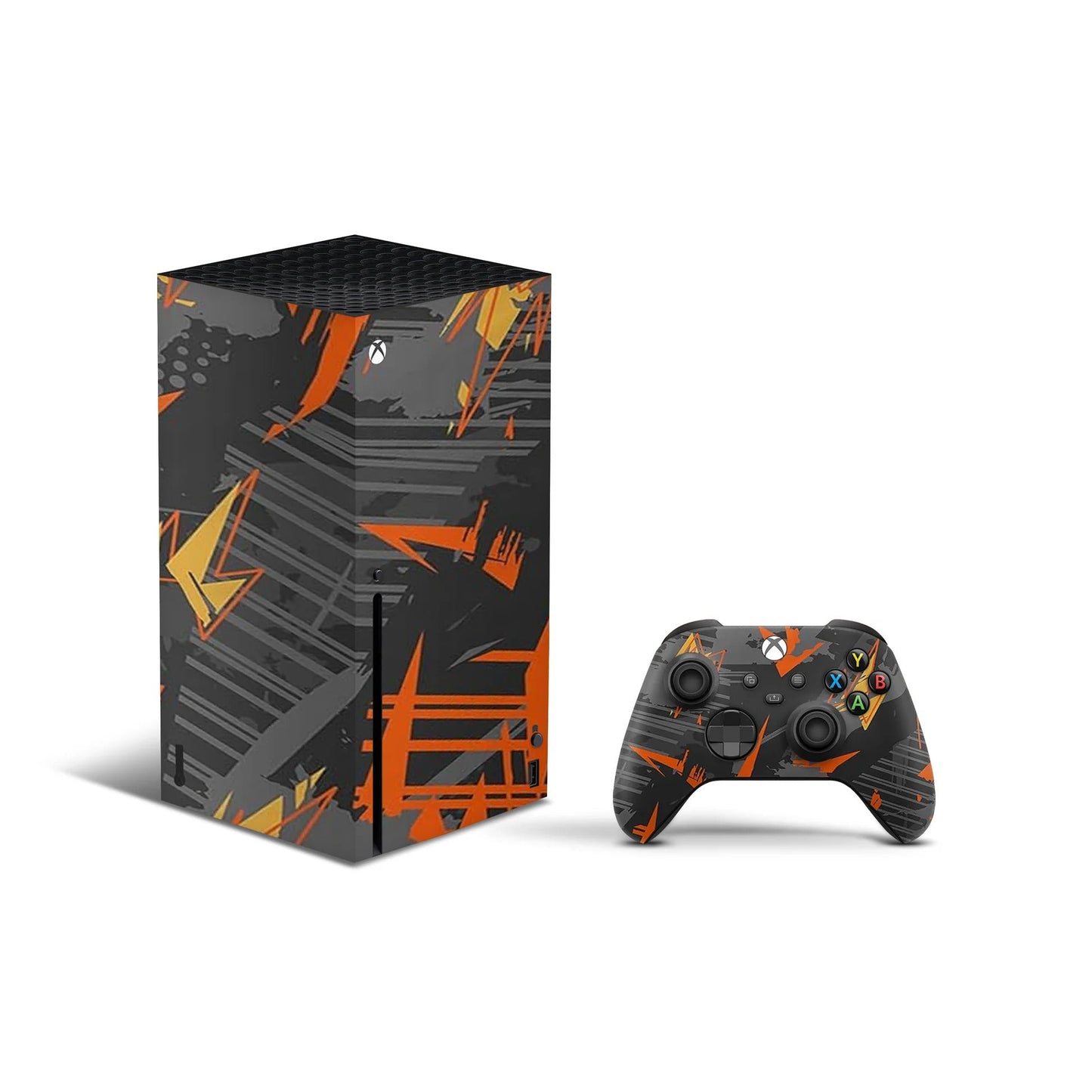xbox series x skin orange and black splatter camo design