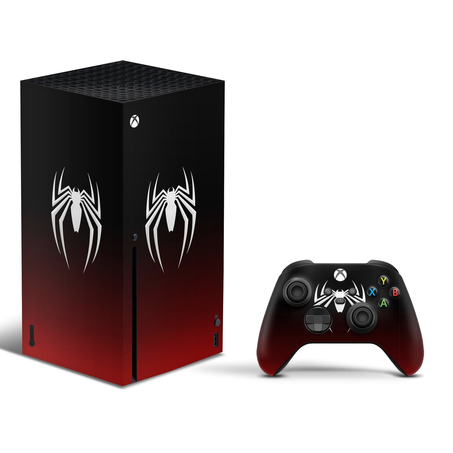 xbox series x skin - red and black gradient with spiderman logo on console and controller
