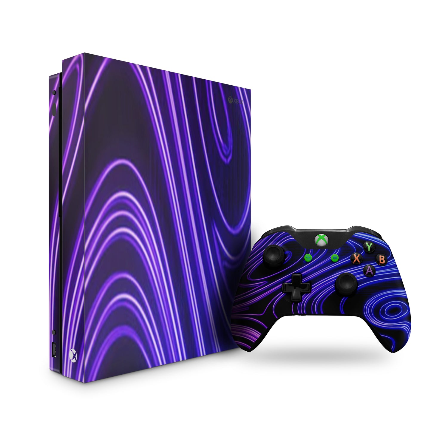xbox one skin with neon purple pattern on console & controller
