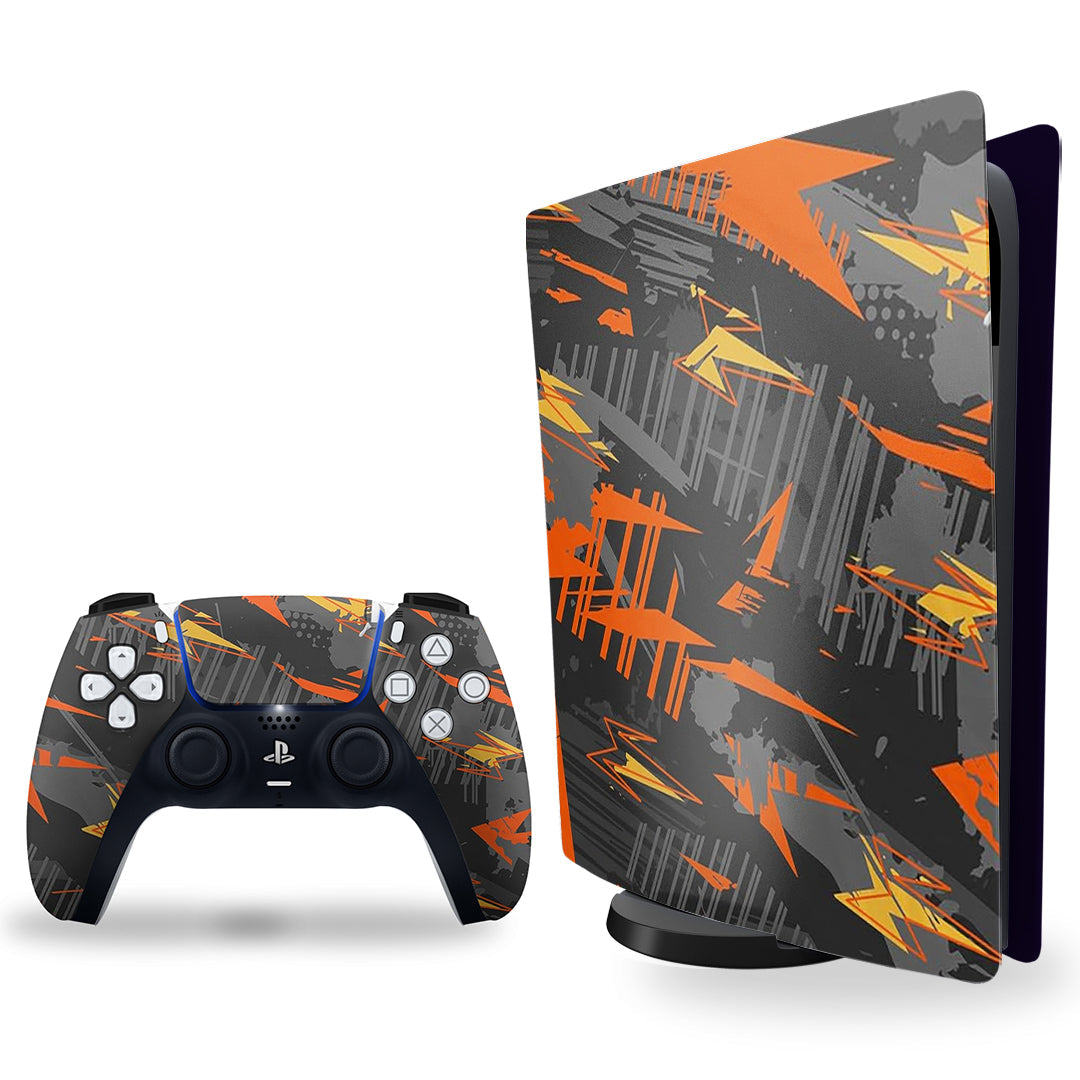 ps5 skin - orange and black camo pattern design on console and controller