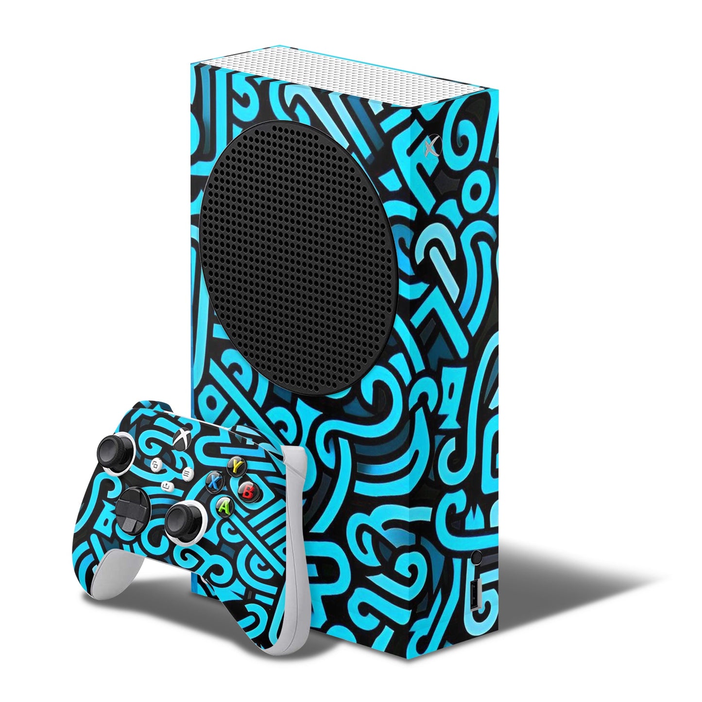 xbox series s skin with blue doodles design