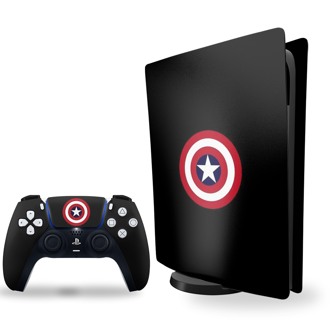 ps5 skin with marvel captain america logo on console & controller