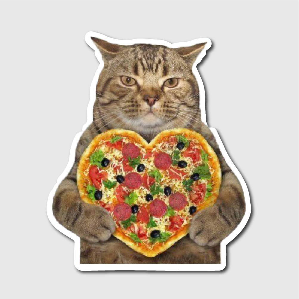 Cat holding a heart shaped pizza sticker