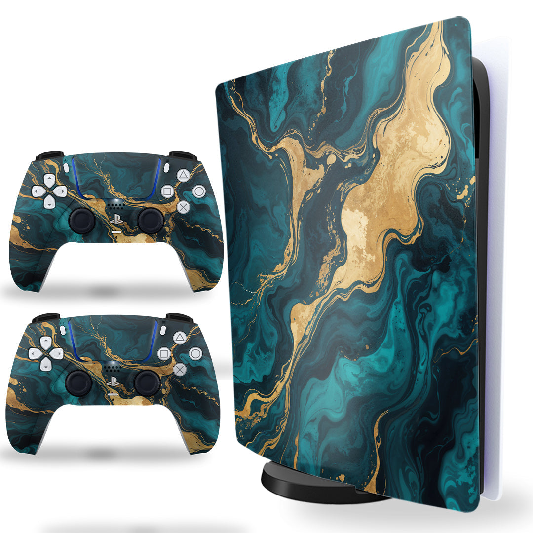 ps5 skin with green marble texture design
