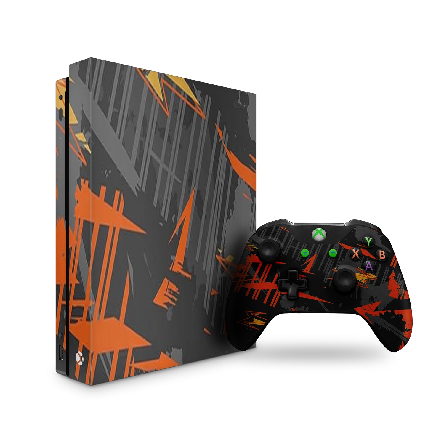 xbox-one-console-and-controller-skin-combo-orange-and-black-camo-pattern