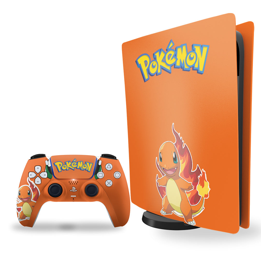 ps5 skin - pokemon charmander design on console and controller