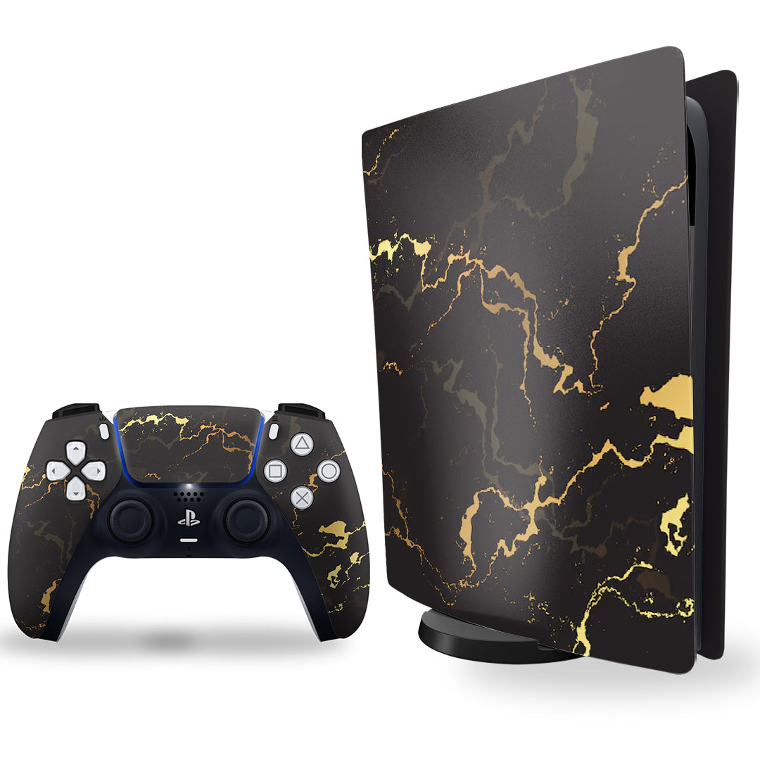 ps5 skin - gold and black marble texture dsign on console and controller