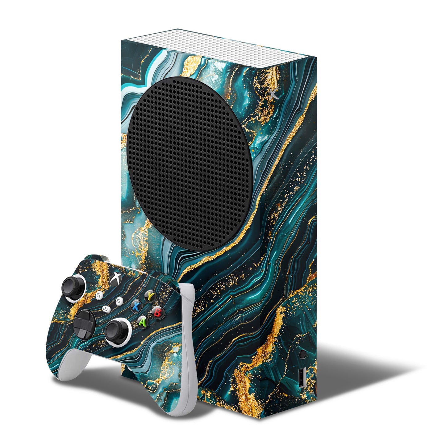 xbox series s skin with golden marble texture design