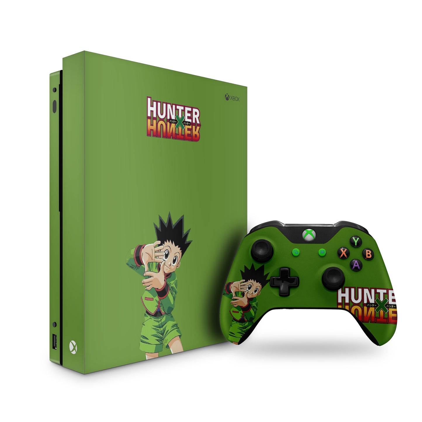 xbox one skin with hunter x hunter gon design on console and controller