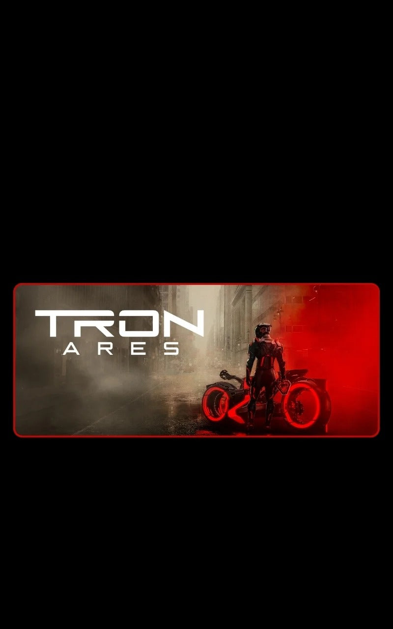 mousepads - Tron Ares logo with a character on a motorcycle in a dark, smoky background