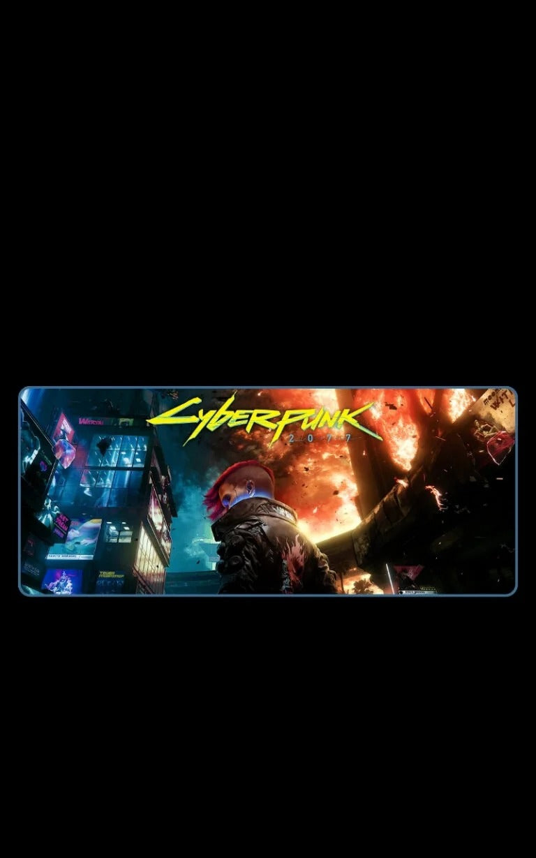 Cyberpunk-themed mouse pad with character and cityscape design on a black background