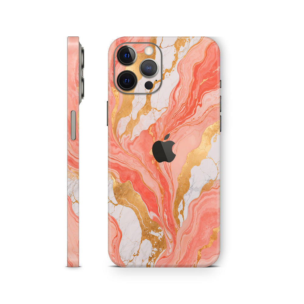 Phone skin with pink and gold marble pattern on a white background