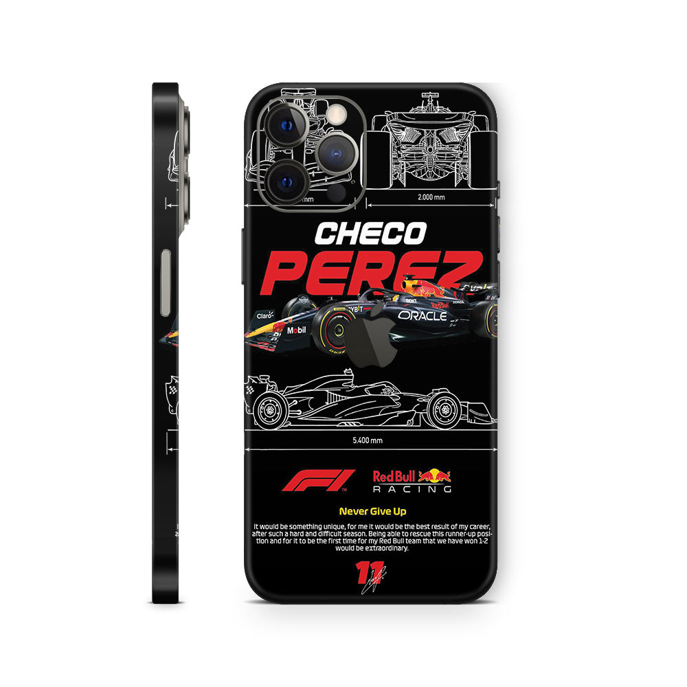 Phone skin with Formula 1 design featuring 'Checo Perez' and Red Bull Racing branding.