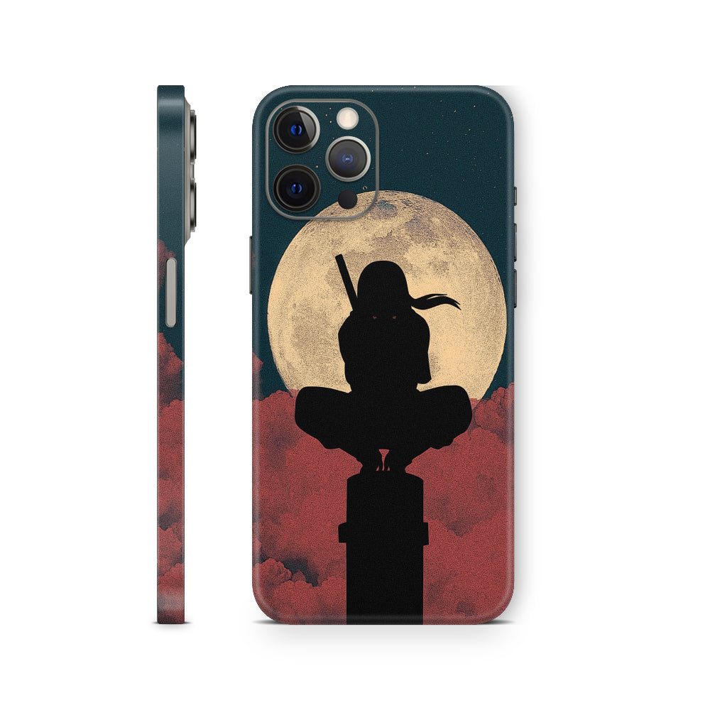 Phone case with silhouette of a person sitting on a pedestal against a moonlit sky