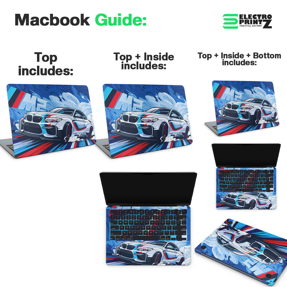 Laptop skins with car design on a white background, featuring Electro Printz branding.