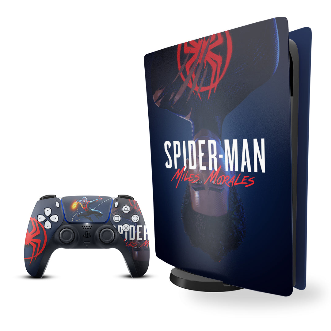 ps5 skin - spiderman miles morales design on console and controller