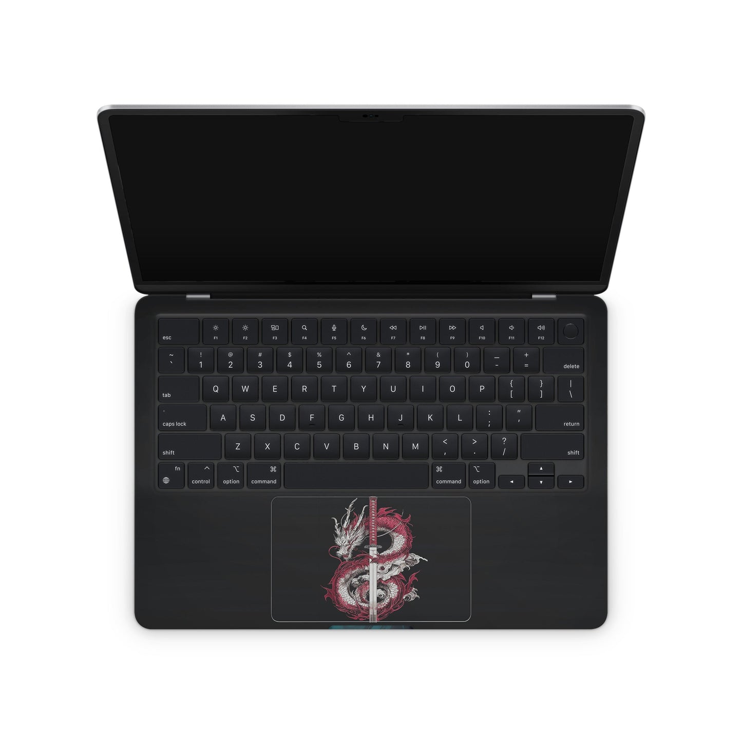 Macbook Skin - a dragon and sword design on a black background (inside)
