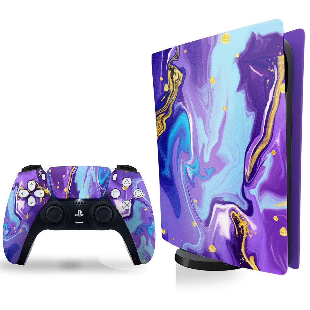 Ps5 skin - neon purple blue yellow marble console and controller skin