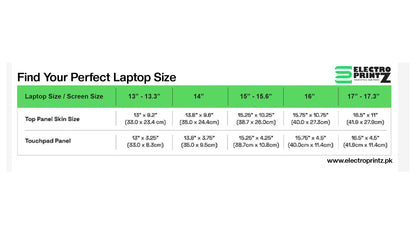 Chart showing laptop size and screen size relationships with Electro Printz branding.