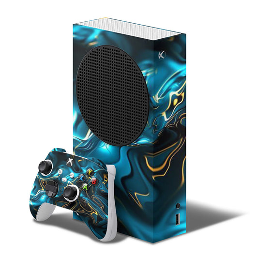 xbox series s skin - blue marble texture with golden swirls xbox series skin