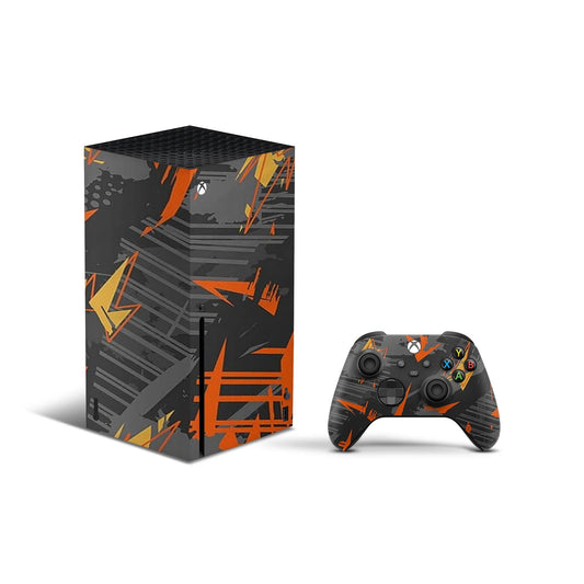 xbox series x skin orange and black splatter camo design