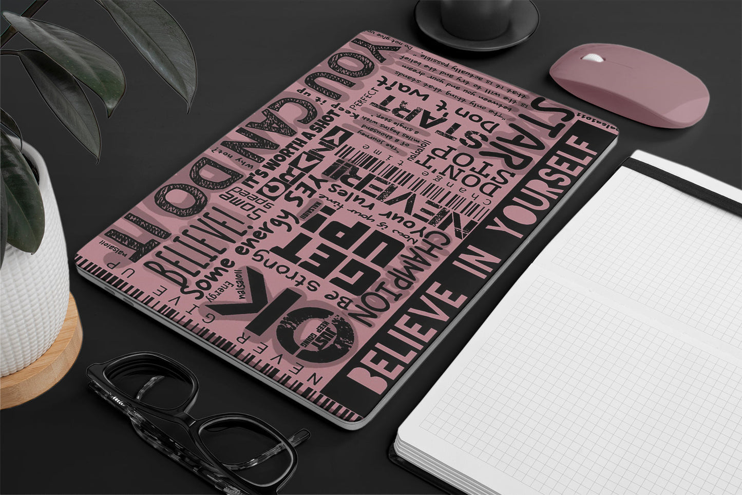 laptop skin with pink motivational quotes