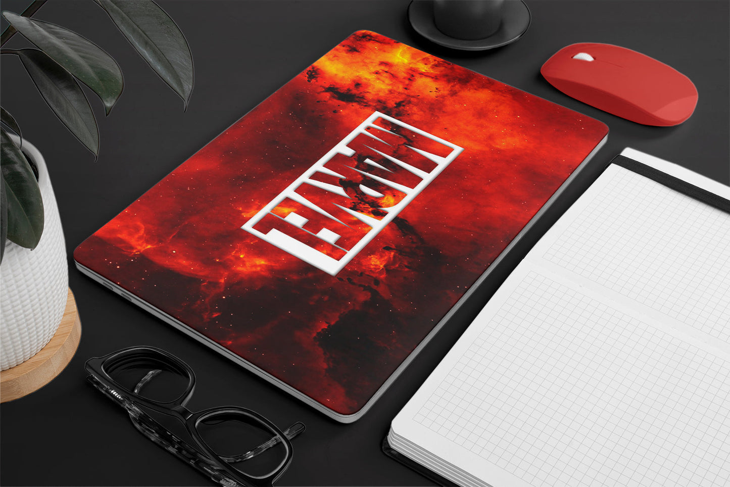 Macbook Skin - Marvel logo on a fiery background