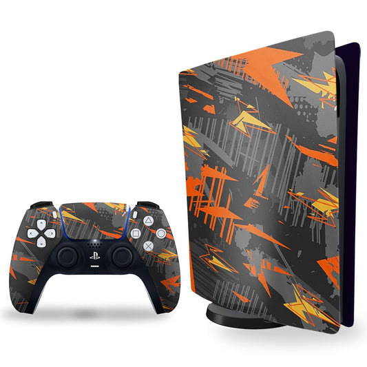 ps5 skin - orange and black camo pattern design on console and controller