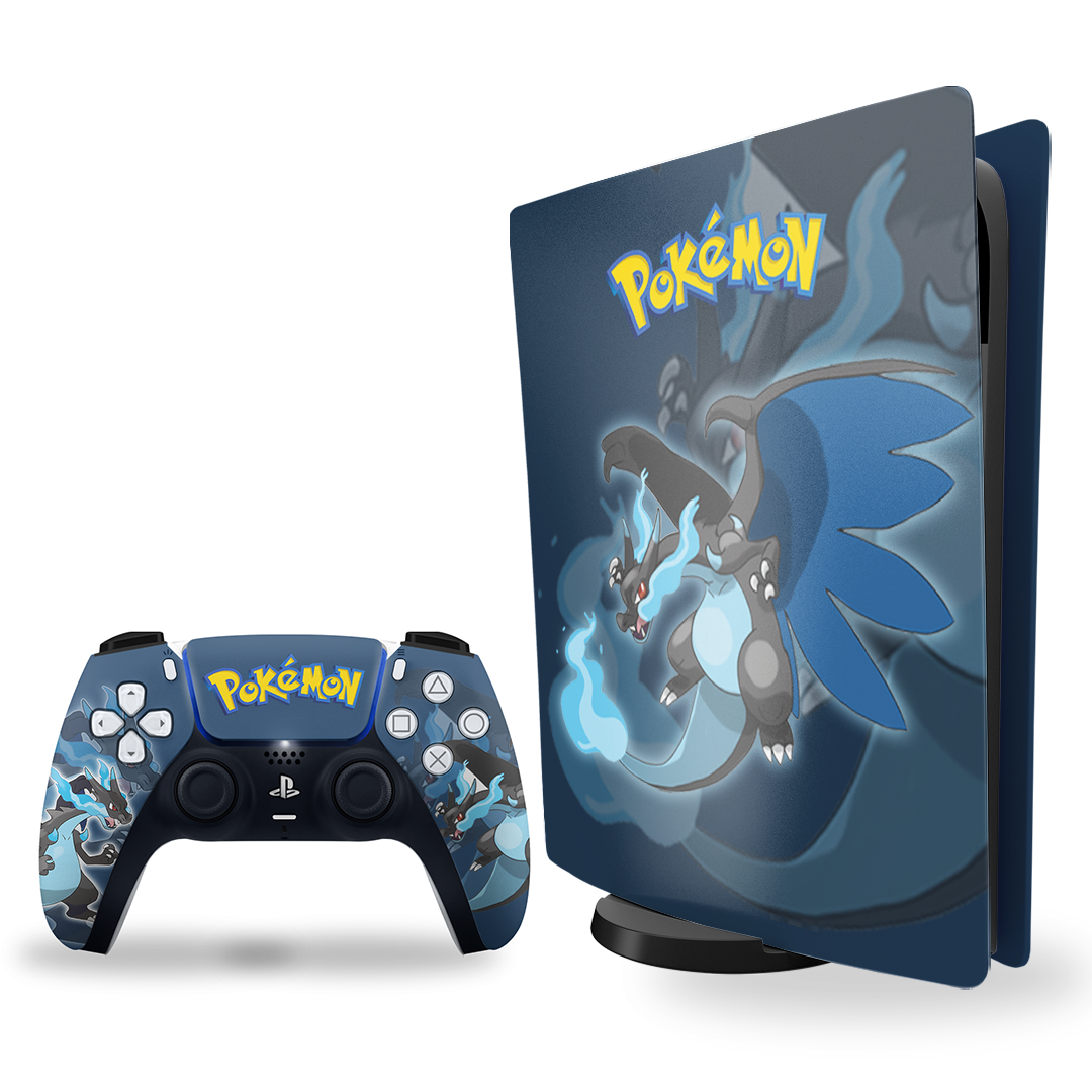 Ps5 skin - pokemon charizard Mega X design on console and controller