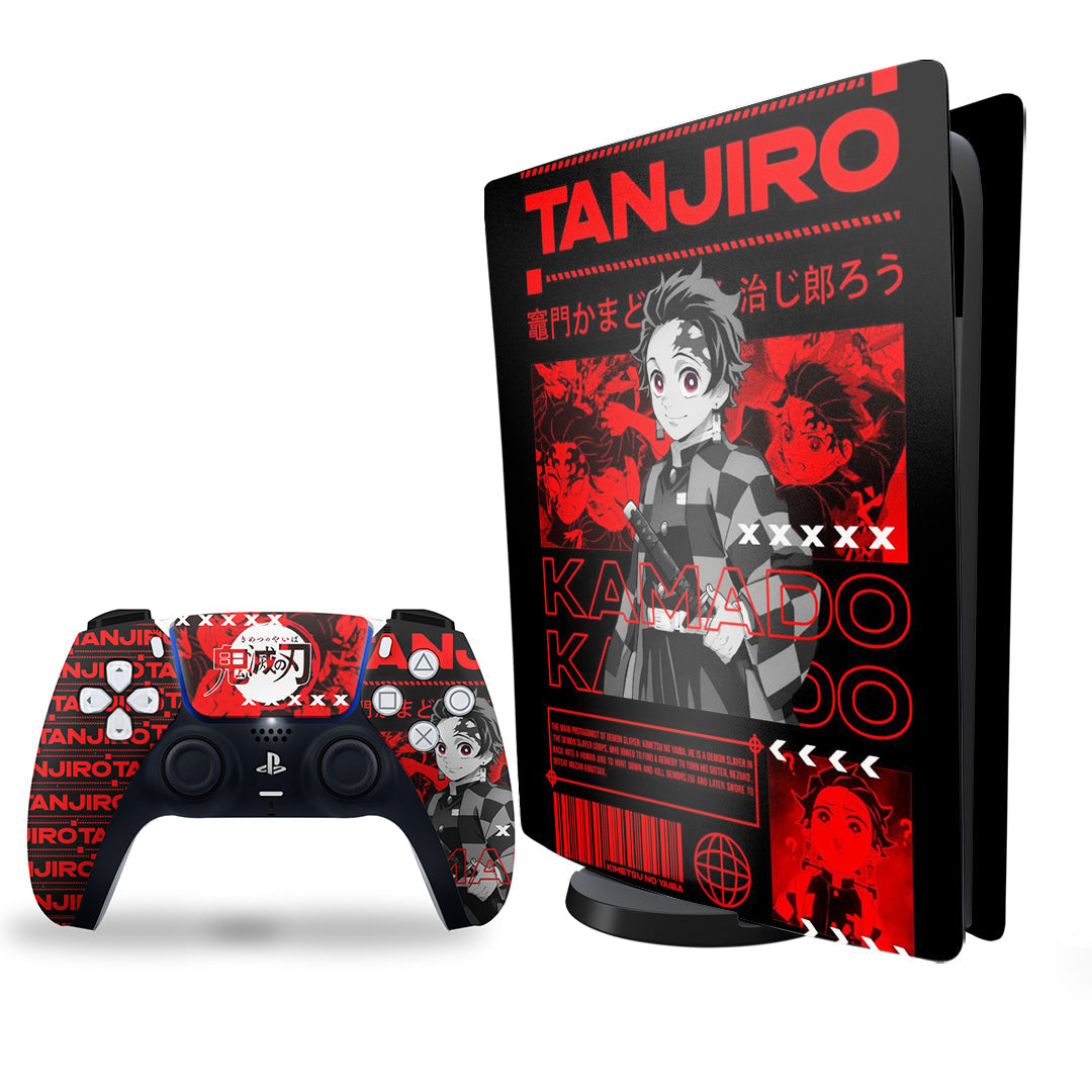 ps5 skin with demon slayer kamado tanjiro design on console & controller
