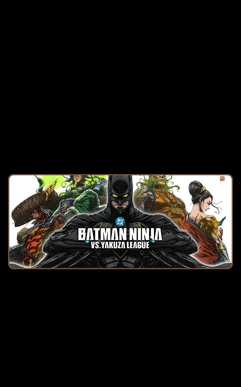 Promotional graphic for 'Batman Ninja vs Yakuza League' featuring characters in a fantasy setting.