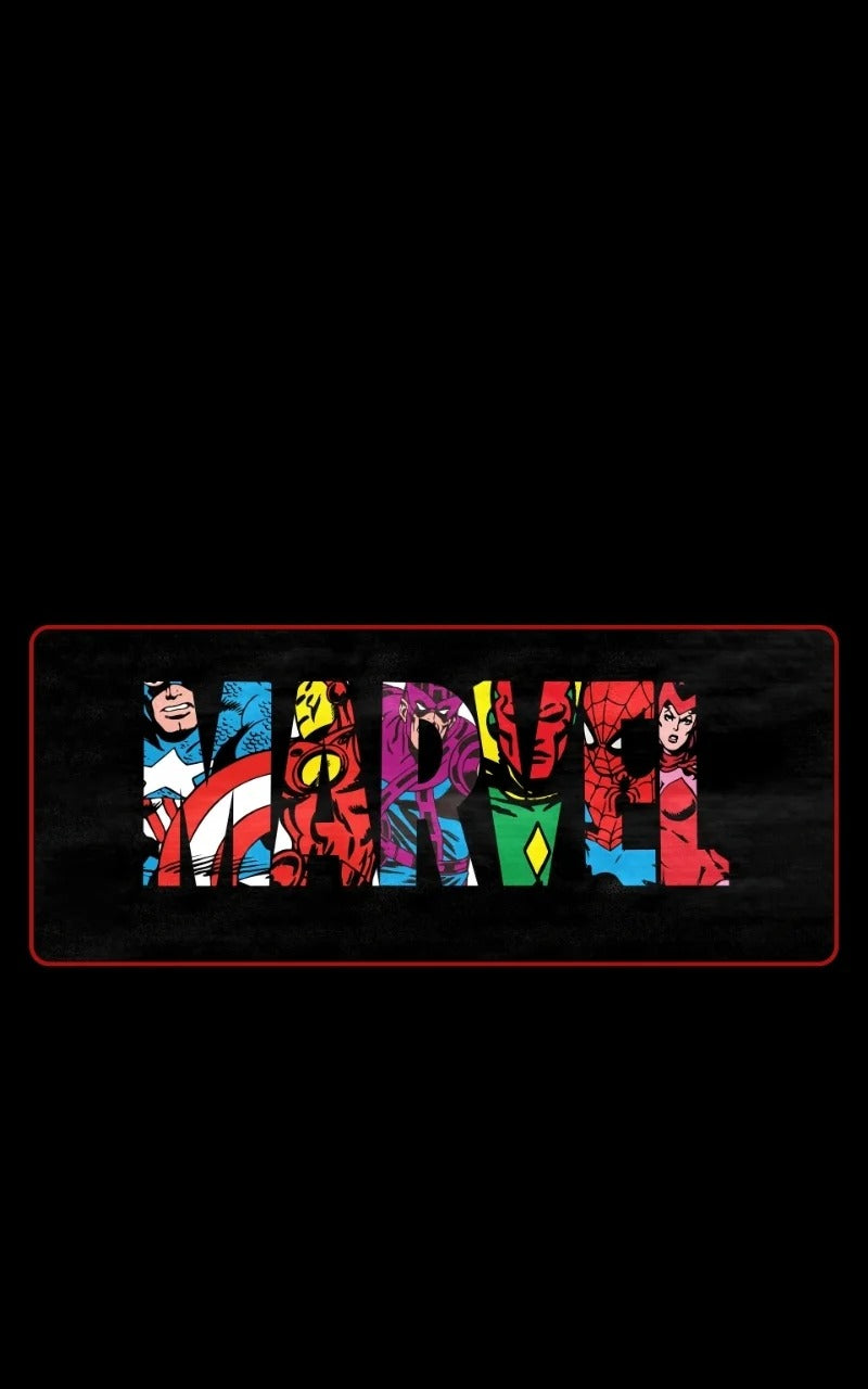 Marvel logo with colorful letters on a black background