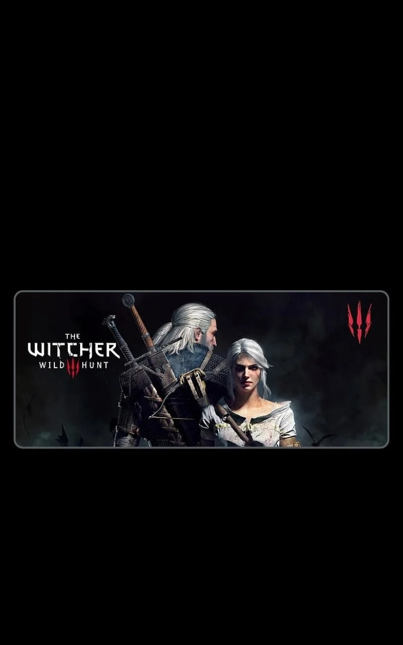 mousepad - Promotional graphic for 'The Witcher: Wild Hunt' with two characters and the game's logo.