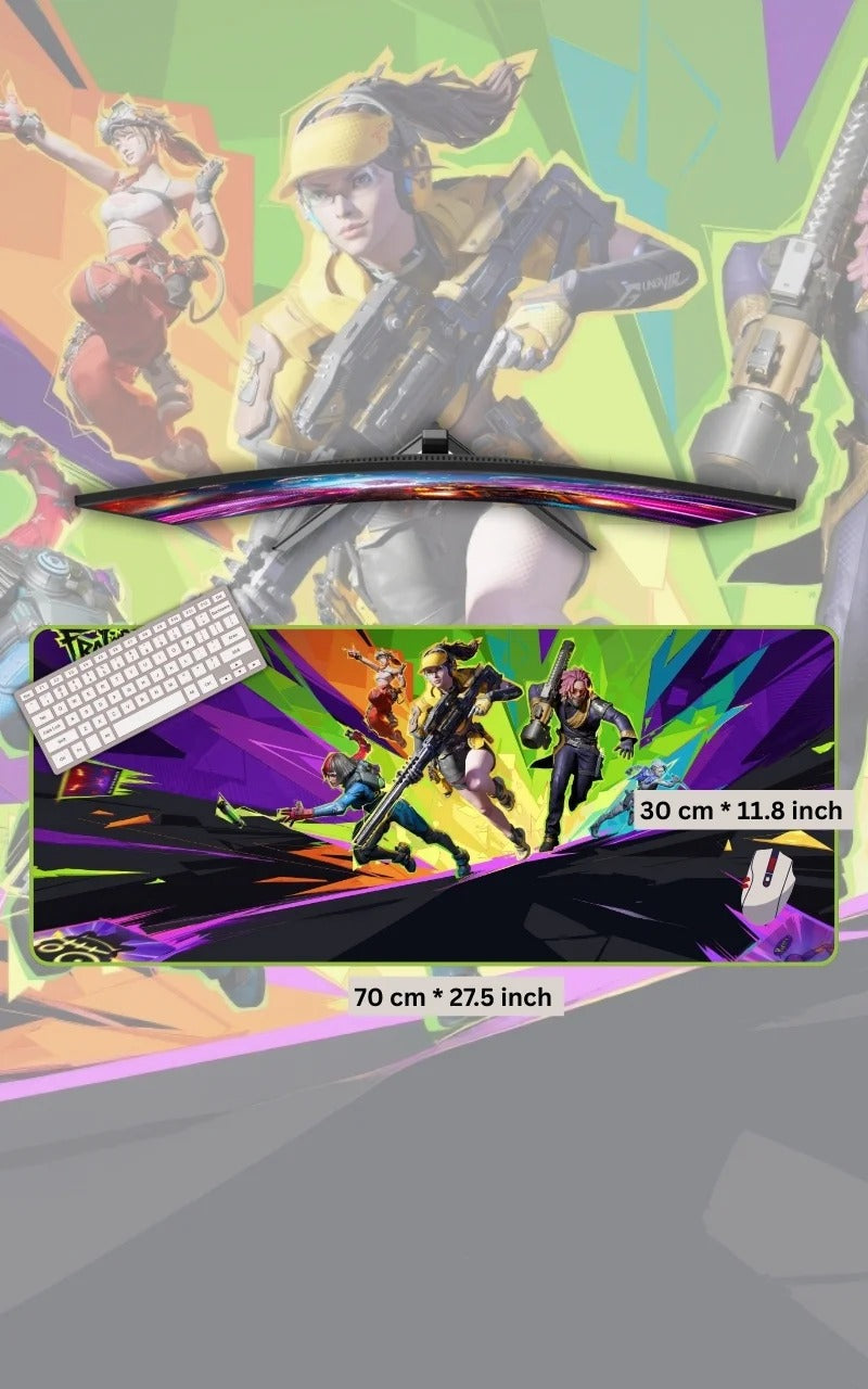 mousepads - colorful display of characters and weapons, keyboard, and mouse on a gray surface.