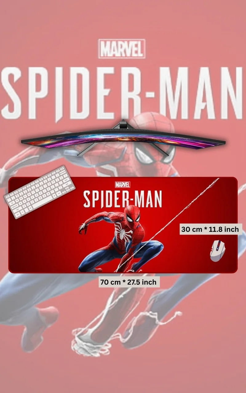 Spider-Man themed desk setup with monitor, keyboard, and mouse pad on a red background