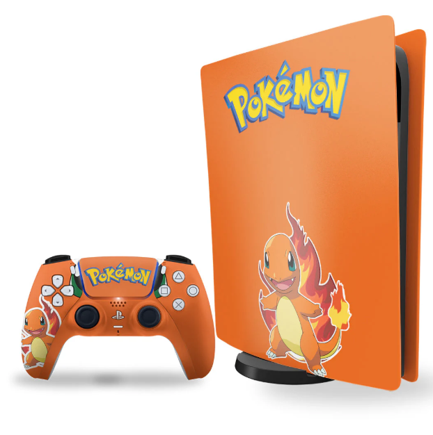 ps5 skin with pokemon charmander design on console and controller
