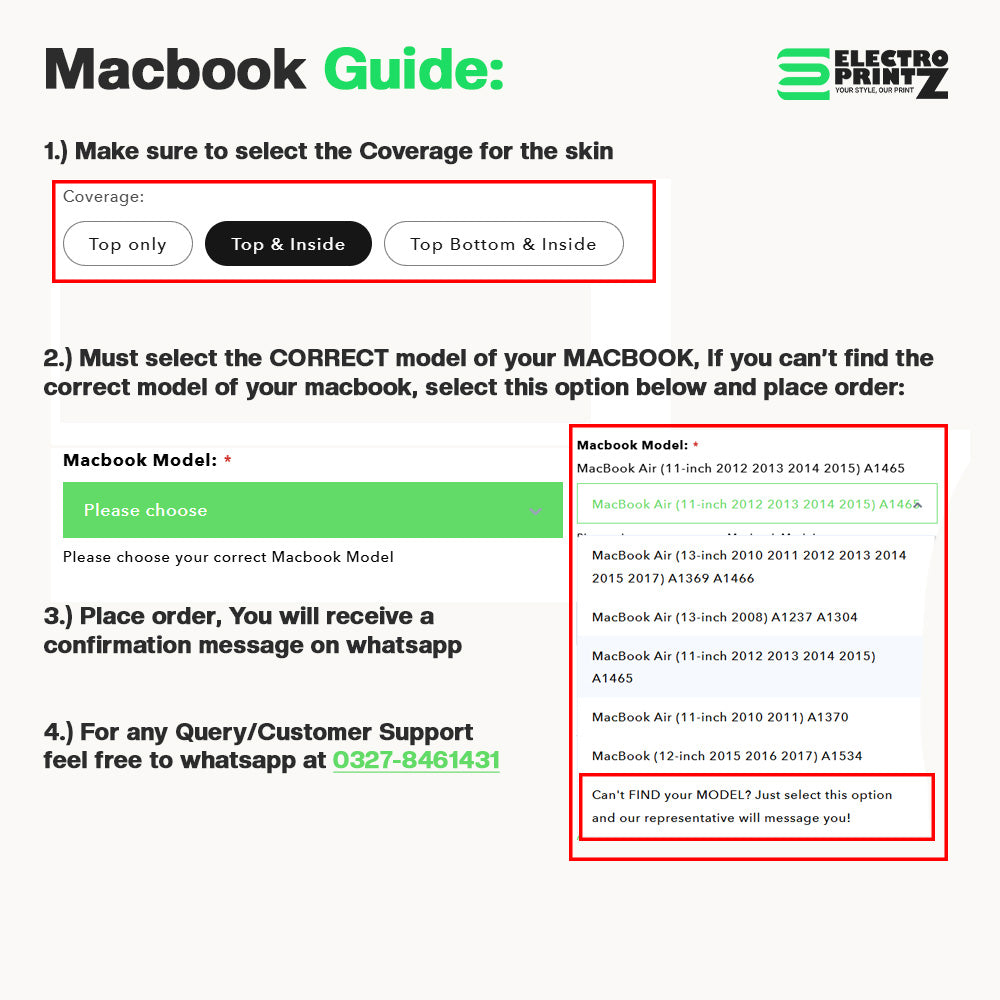 Macbook Guide form with coverage options and model selection for Electro Printz brand