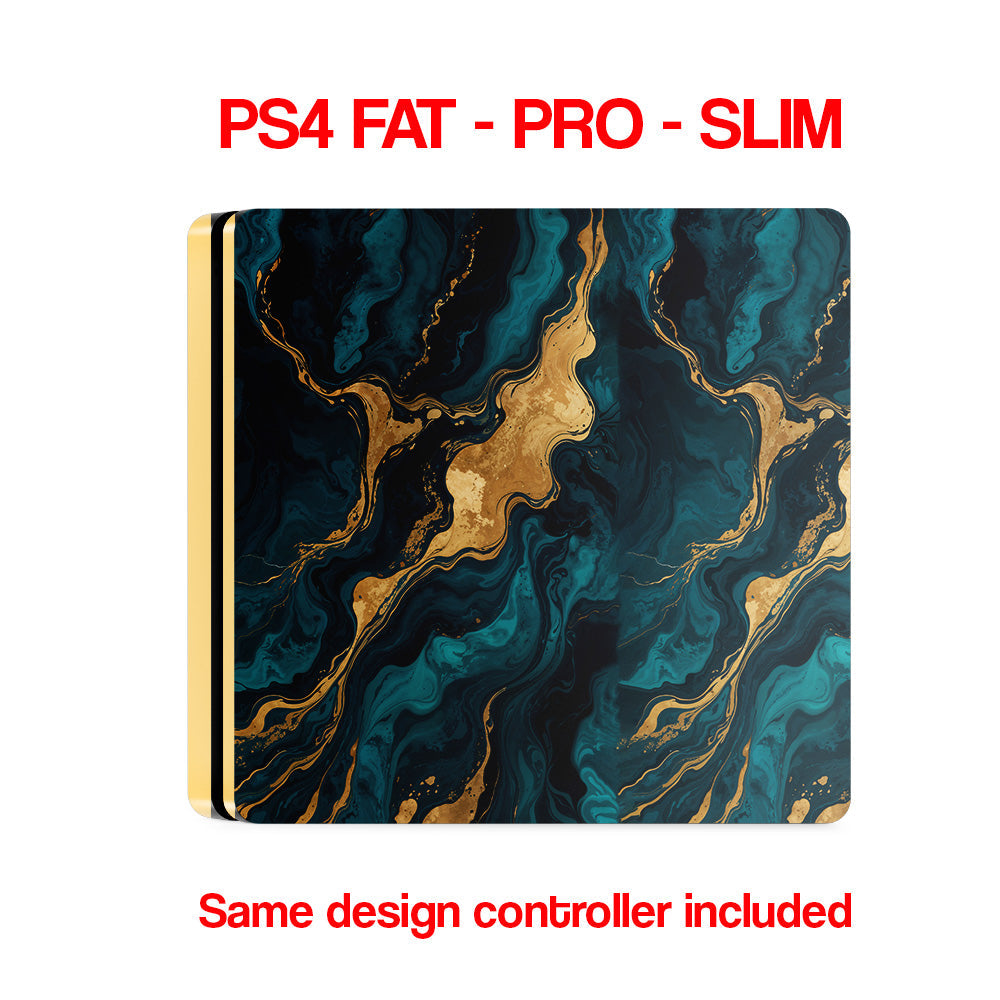 PS4 console and controller skins with a marble pattern design.