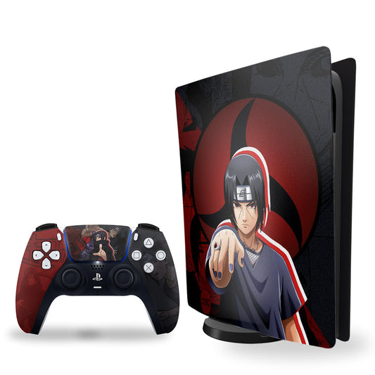 Ps5 skin - Itachi and the uchicha clan logo design on the console and controller