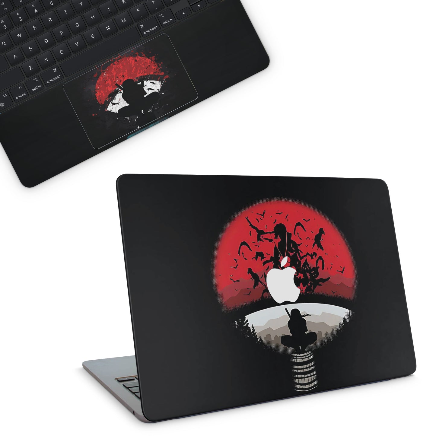 macbook skin with naruto uchiha clan logo on top