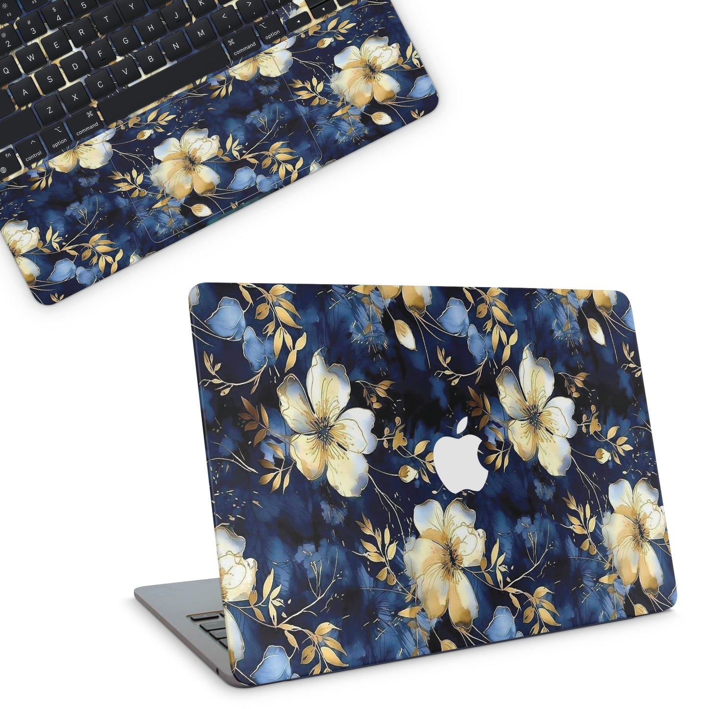 Floral macbook skin with blue and yellow flowers on a white background top