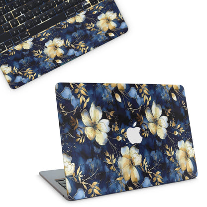 Floral macbook skin with blue and yellow flowers on a white background top