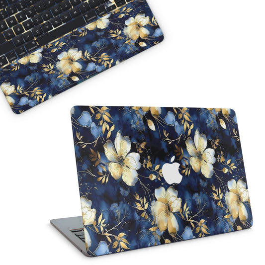 Floral macbook skin with blue and yellow flowers on a white background top